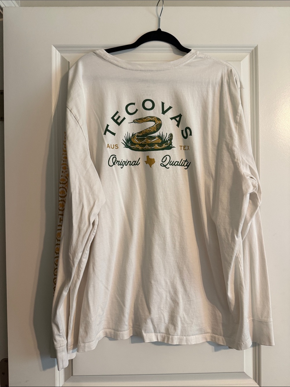 Tecovas White Long-Sleeve Tee with Green & Gold Logo